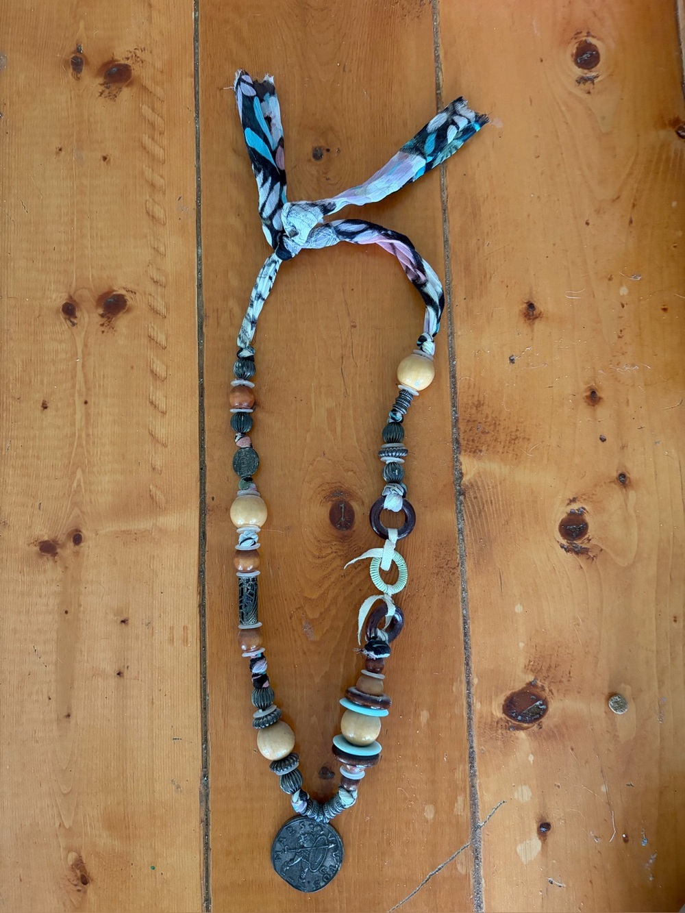 Bohemian Multicolor Bead & Fabric Pendant Necklace